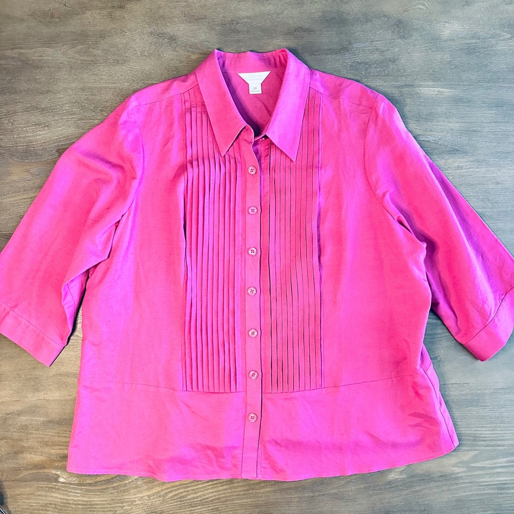 CJ Banks Women's 2X Bright Pink Linen Blend Pleated Button Down Shirt 3/4 Sleeve